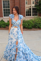 Load image into Gallery viewer, White Blue Floral A Line Ruffled Long Prom Dress with Slit