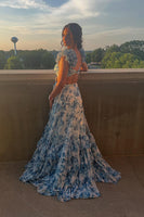 Load image into Gallery viewer, White Blue Floral A Line Ruffled Long Prom Dress with Slit