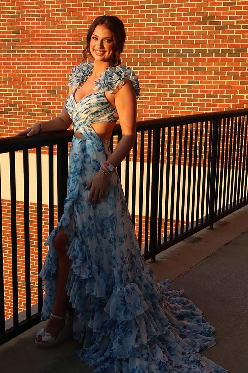 Load image into Gallery viewer, White Blue Floral A Line Ruffled Long Prom Dress with Slit