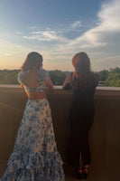 Load image into Gallery viewer, White Blue Floral A Line Ruffled Long Prom Dress with Slit