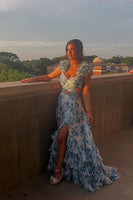 Load image into Gallery viewer, White Blue Floral A Line Ruffled Long Prom Dress with Slit