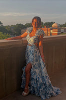 Load image into Gallery viewer, White Blue Floral A Line Ruffled Long Prom Dress with Slit