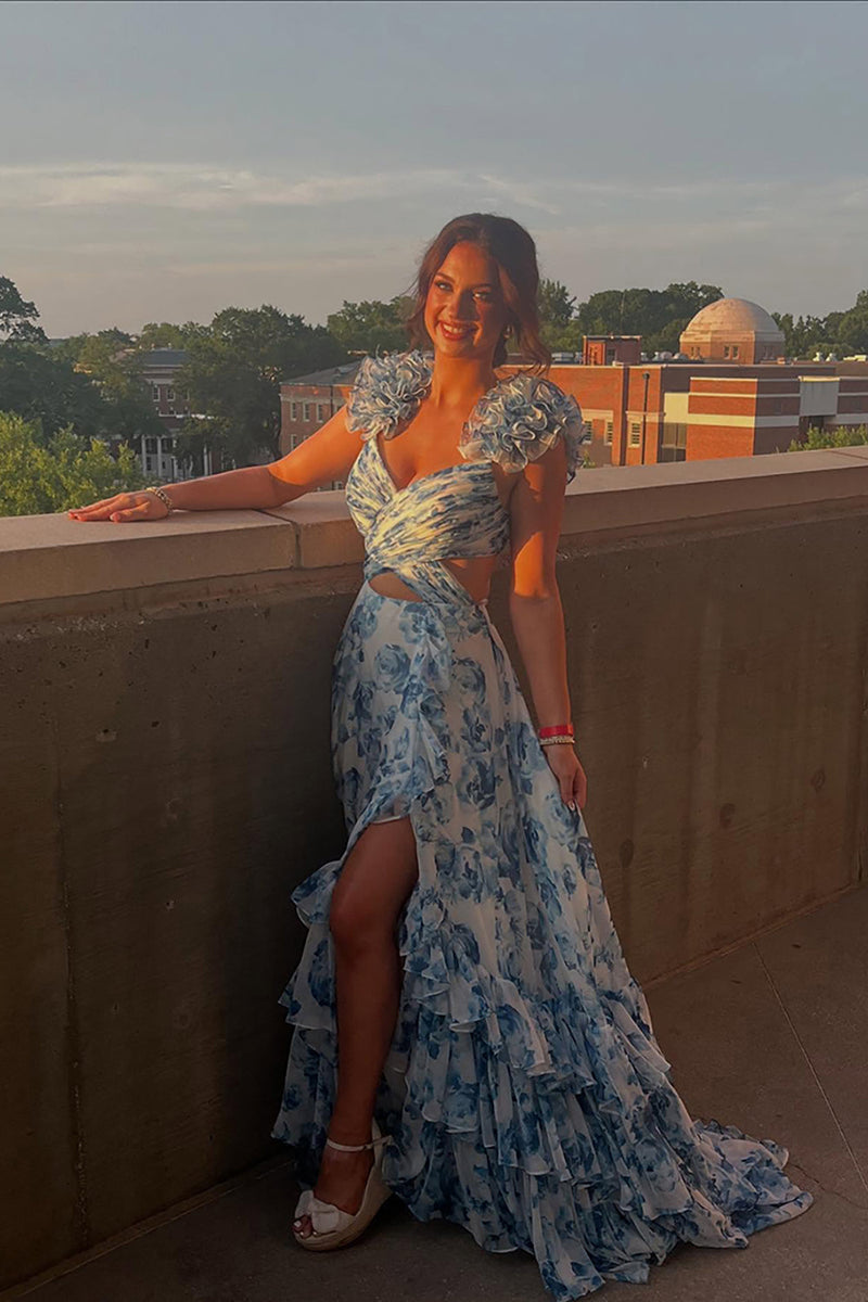 Load image into Gallery viewer, White Blue Floral A Line Ruffled Long Prom Dress with Slit