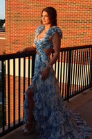 Load image into Gallery viewer, White Blue Floral A Line Ruffled Long Prom Dress with Slit