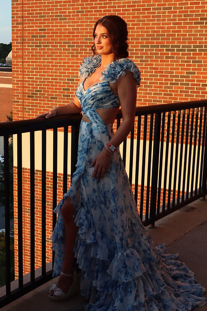 Load image into Gallery viewer, White Blue Floral A Line Ruffled Long Prom Dress with Slit