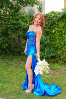 Load image into Gallery viewer, Royal Blue Sweetheart Sheath Corset Long Prom Dress with 3D Flower