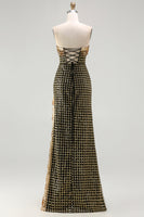 Load image into Gallery viewer, Sparkly Black and Golden Beaded Long Strapless Mermaid Prom Dress with Slit