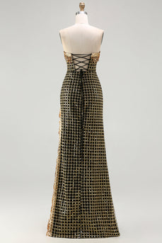 Sparkly Black and Golden Beaded Long Strapless Mermaid Prom Dress with Slit