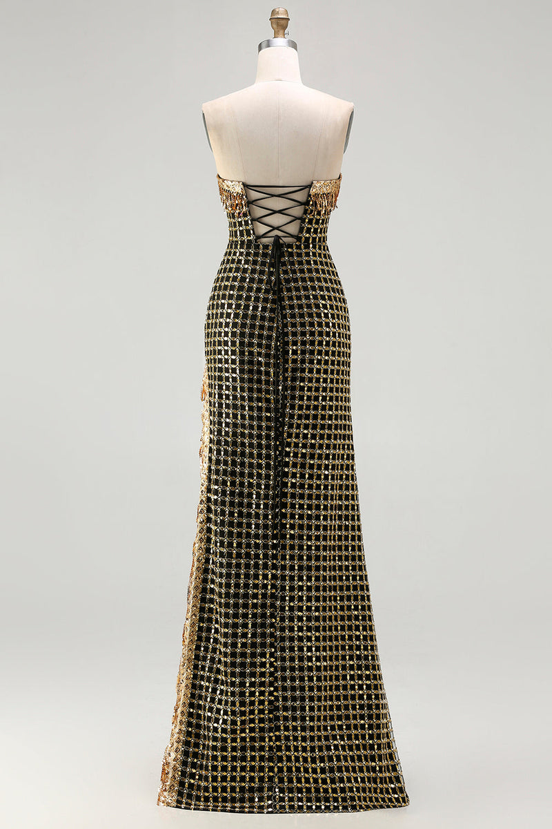 Load image into Gallery viewer, Sparkly Black and Golden Beaded Long Strapless Mermaid Prom Dress with Slit