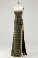 Load image into Gallery viewer, Sparkly Black and Golden Beaded Long Strapless Mermaid Prom Dress with Slit