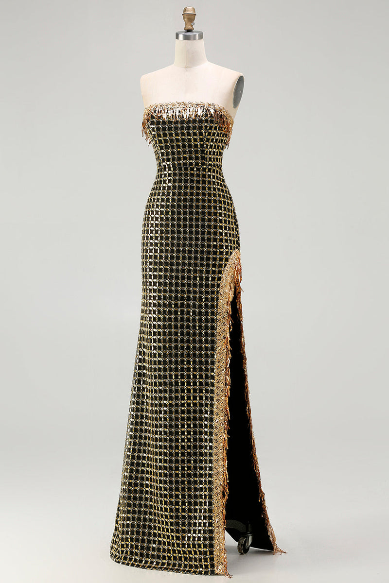 Load image into Gallery viewer, Sparkly Black and Golden Beaded Long Strapless Mermaid Prom Dress with Slit