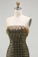 Load image into Gallery viewer, Sparkly Black and Golden Beaded Long Strapless Mermaid Prom Dress with Slit