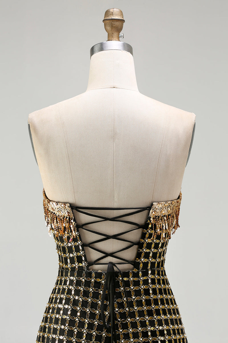 Load image into Gallery viewer, Sparkly Black and Golden Beaded Long Strapless Mermaid Prom Dress with Slit