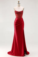 Load image into Gallery viewer, Sparkly Red Beaded Long Mermaid Corset Prom Dress with Slit