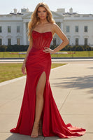 Load image into Gallery viewer, Sparkly Red Beaded Long Mermaid Corset Prom Dress with Slit