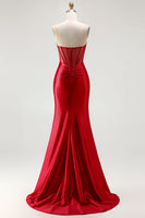 Load image into Gallery viewer, Sparkly Red Beaded Long Mermaid Corset Prom Dress with Slit