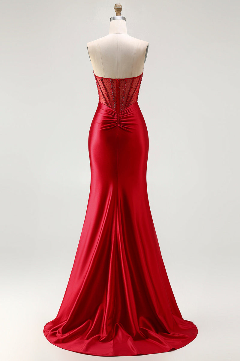 Load image into Gallery viewer, Sparkly Red Beaded Long Mermaid Corset Prom Dress with Slit