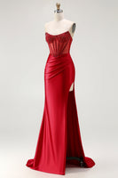 Load image into Gallery viewer, Sparkly Red Beaded Long Mermaid Corset Prom Dress with Slit