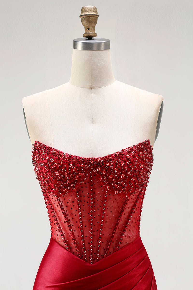 Load image into Gallery viewer, Sparkly Red Beaded Long Mermaid Corset Prom Dress with Slit