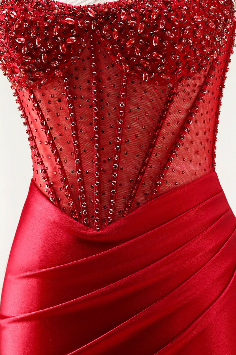 Load image into Gallery viewer, Sparkly Red Beaded Long Mermaid Corset Prom Dress with Slit