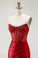 Load image into Gallery viewer, Sparkly Red Beaded Long Mermaid Corset Prom Dress with Slit