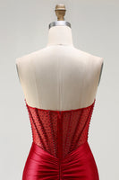 Load image into Gallery viewer, Sparkly Red Beaded Long Mermaid Corset Prom Dress with Slit