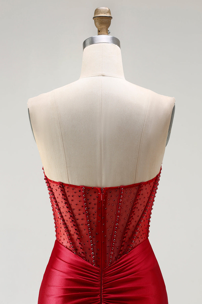Load image into Gallery viewer, Sparkly Red Beaded Long Mermaid Corset Prom Dress with Slit