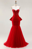 Load image into Gallery viewer, Sparkly Red Tulle Mermaid Corset Long Prom Dress with Bow