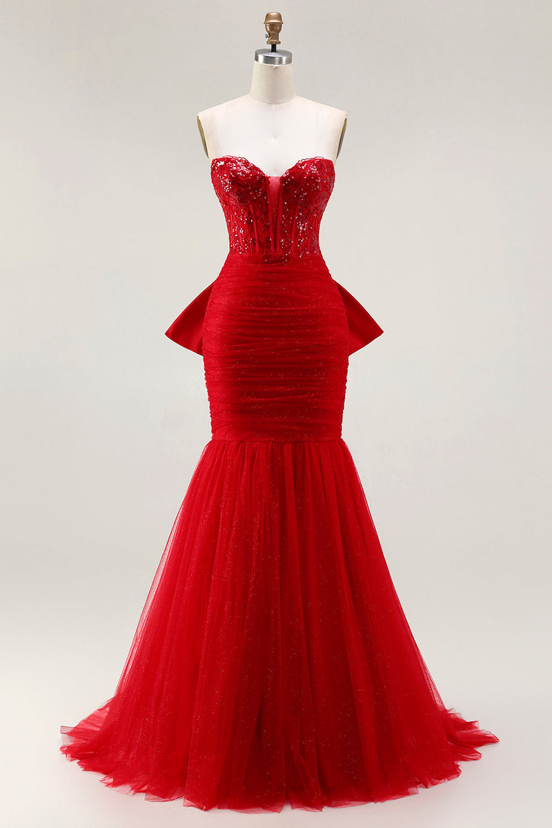 Load image into Gallery viewer, Sparkly Red Tulle Mermaid Corset Long Prom Dress with Bow