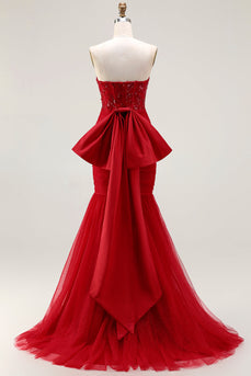 Sparkly Red Tulle Mermaid Corset Long Prom Dress with Bow