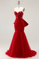 Load image into Gallery viewer, Sparkly Red Tulle Mermaid Corset Long Prom Dress with Bow