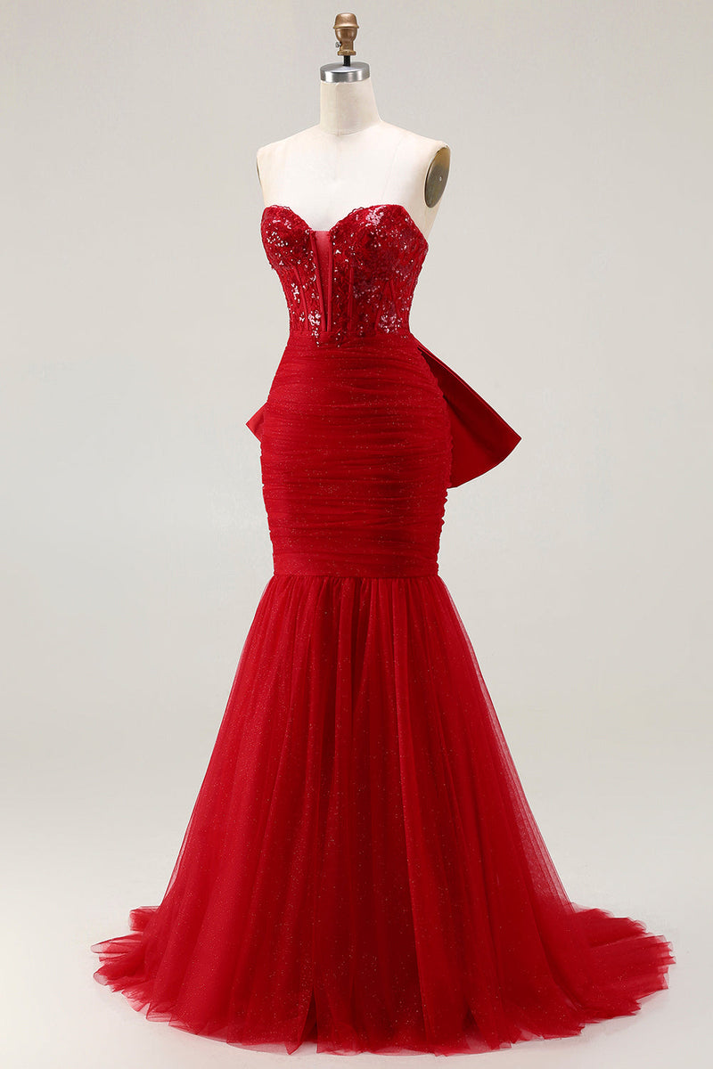 Load image into Gallery viewer, Sparkly Red Tulle Mermaid Corset Long Prom Dress with Bow