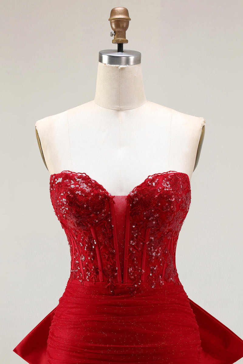 Load image into Gallery viewer, Sparkly Red Tulle Mermaid Corset Long Prom Dress with Bow