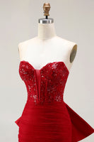 Load image into Gallery viewer, Sparkly Red Tulle Mermaid Corset Long Prom Dress with Bow