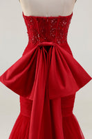 Load image into Gallery viewer, Sparkly Red Tulle Mermaid Corset Long Prom Dress with Bow
