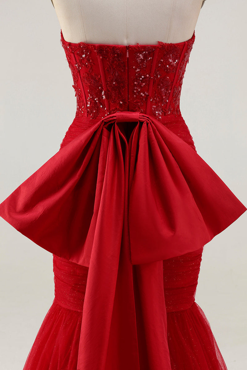 Load image into Gallery viewer, Sparkly Red Tulle Mermaid Corset Long Prom Dress with Bow