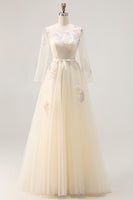 Load image into Gallery viewer, Sparkly Yellow Appliqued Round Neck Long Corset Prom Dress with Sleeves