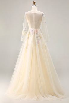 Sparkly Yellow Appliqued Round Neck Long Corset Prom Dress with Sleeves