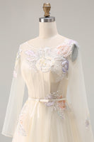 Load image into Gallery viewer, Sparkly Yellow Appliqued Round Neck Long Corset Prom Dress with Sleeves