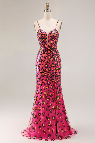 Sparkly Fuchsia Leopard Mermaid Spaghetti Straps Long Prom Dress with Slit