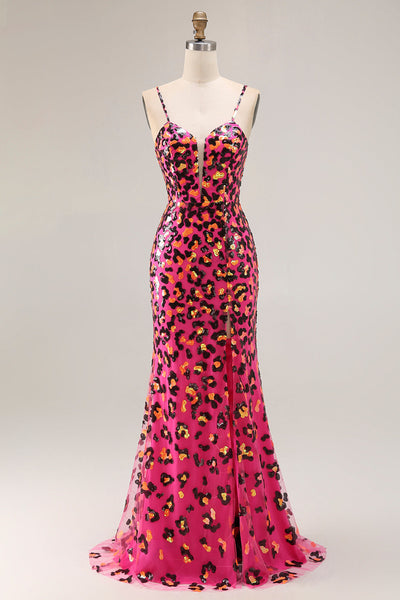 Sparkly Fuchsia Leopard Mermaid Spaghetti Straps Long Prom Dress with Slit