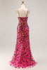 Load image into Gallery viewer, Sparkly Fuchsia Leopard Mermaid Spaghetti Straps Long Prom Dress with Slit
