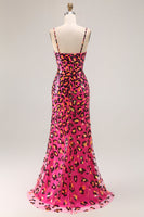 Load image into Gallery viewer, Sparkly Fuchsia Leopard Mermaid Spaghetti Straps Long Prom Dress with Slit