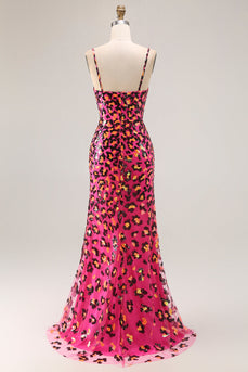 Sparkly Fuchsia Leopard Mermaid Spaghetti Straps Long Prom Dress with Slit