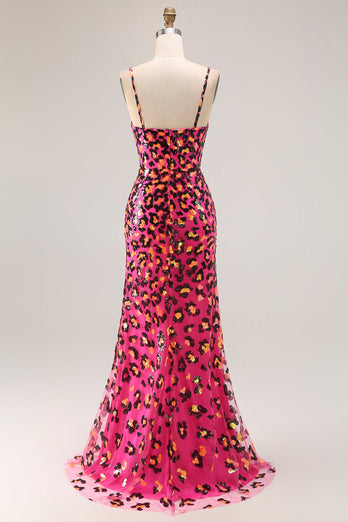 Sparkly Fuchsia Leopard Mermaid Spaghetti Straps Long Prom Dress with Slit