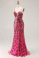 Load image into Gallery viewer, Sparkly Fuchsia Leopard Mermaid Spaghetti Straps Long Prom Dress with Slit