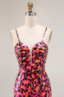 Load image into Gallery viewer, Sparkly Fuchsia Leopard Mermaid Spaghetti Straps Long Prom Dress with Slit