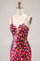 Load image into Gallery viewer, Sparkly Fuchsia Leopard Mermaid Spaghetti Straps Long Prom Dress with Slit