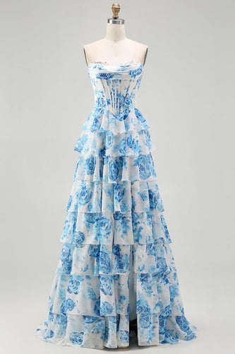 Sparkly White and Blue Ruffled Floral Strapless Long Corset Prom Dress
