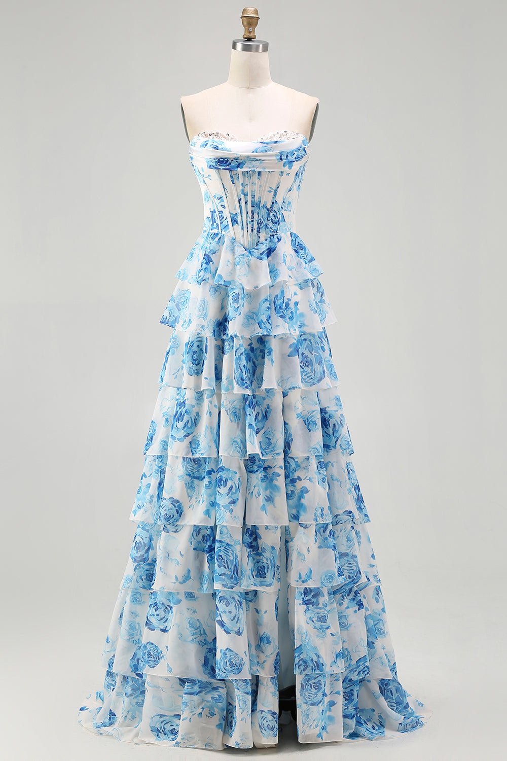 Sparkly White and Blue Ruffled Floral Strapless Long Corset Prom Dress